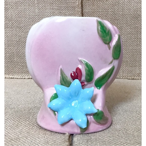 Vintage OPCO Pottery Pink Vase w Blue Applied Flower Granny Cottage Core Romance - Picture 1 of 9